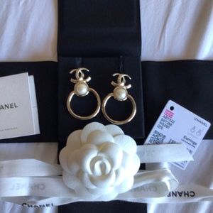 CHANEL Golden & Pearl Dangle Hoop CC logo earrings NEW w/Tags from Cruise 2022!